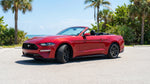 A red convertible car rental drives along a sunny coastal highway lined with palm trees in Florida