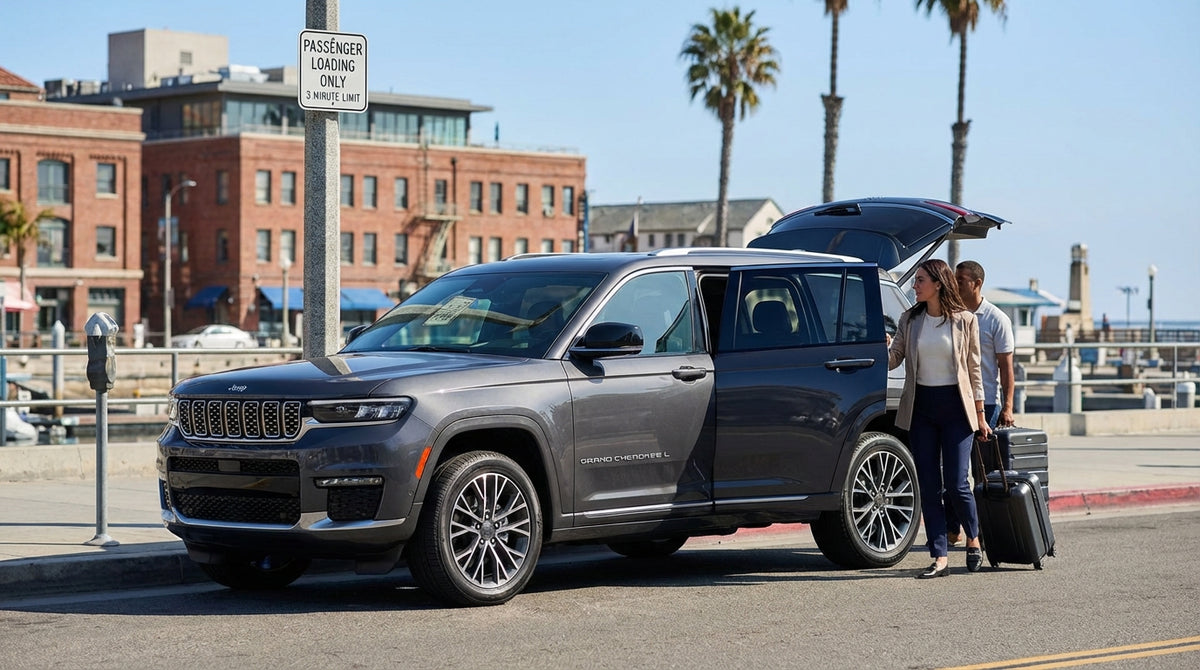A red car rental pulls over for passenger drop-off on a busy street at Fisherman's Wharf in San Francisco