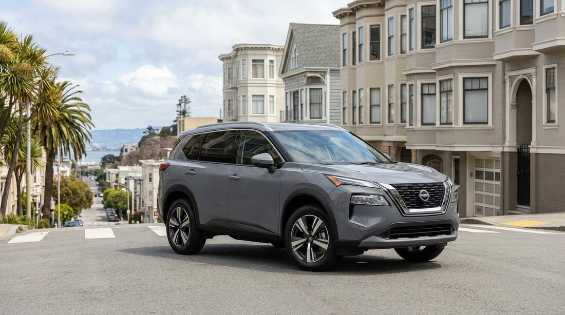 A red convertible car hire parked at a viewpoint overlooking the Golden Gate Bridge in sunny San Francisco