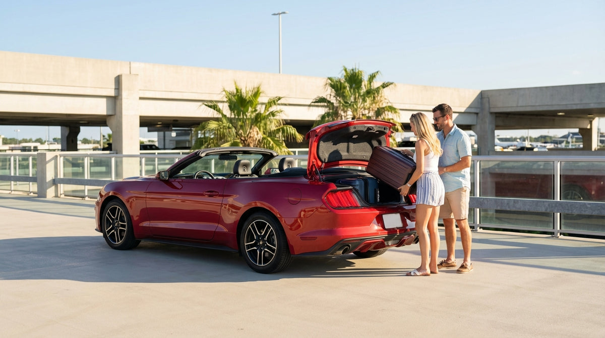 A family unloads luggage from their car rental with a large cruise ship docked in the background at Port Canaveral