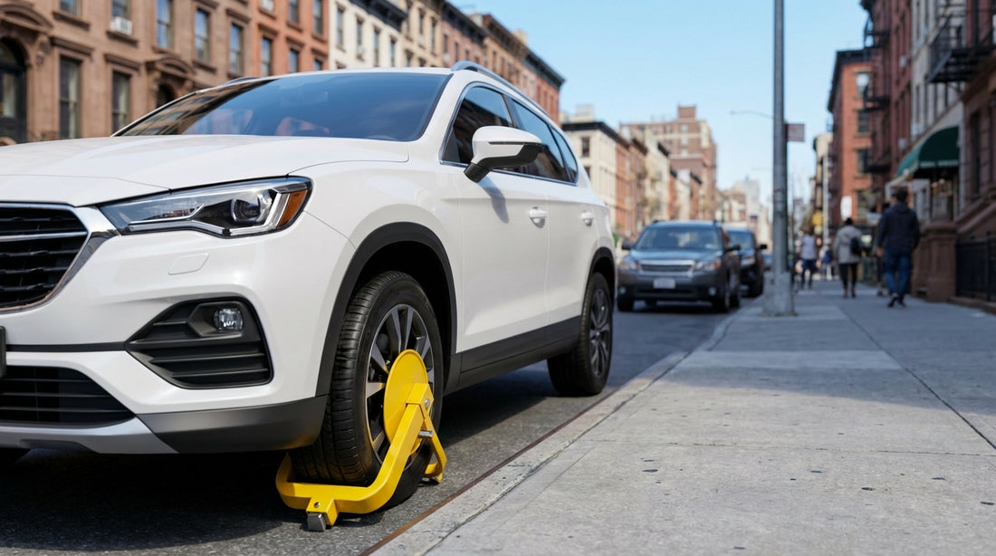 A bright yellow parking boot clamped to the wheel of a car hire on a New York City street
