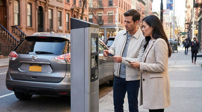 A person pays at a New York City parking meter next to their car rental on a busy street