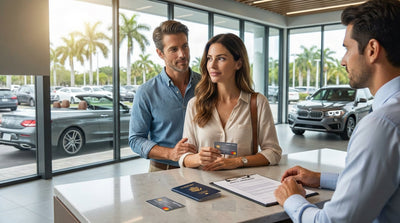 A person holds a credit card and keys for their convertible car hire on a sunny, palm-lined Miami street