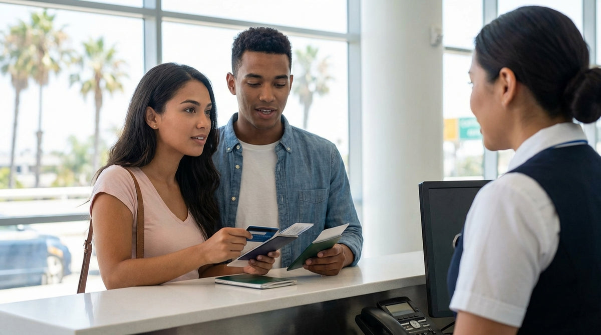 A young person next to their sports car rental on a sunny, palm-tree-lined street in Los Angeles