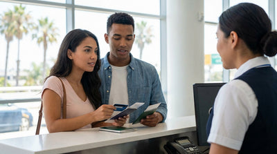 A young person next to their sports car rental on a sunny, palm-tree-lined street in Los Angeles