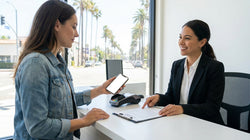Person tapping a smartphone on a contactless payment terminal at a California car hire desk