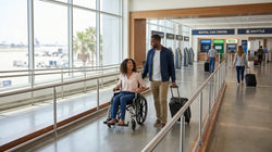 Passengers rolling luggage on a smooth step-free walkway toward the car hire center at Miami Airport