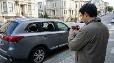 A car rental on a San Francisco street with a smashed window and shattered glass on the passenger seat