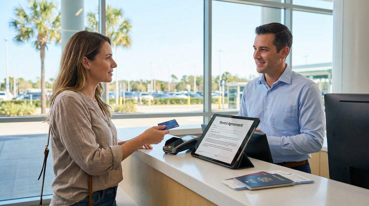 A modern white car rental is parked under sunny skies and tall palm trees in Orlando