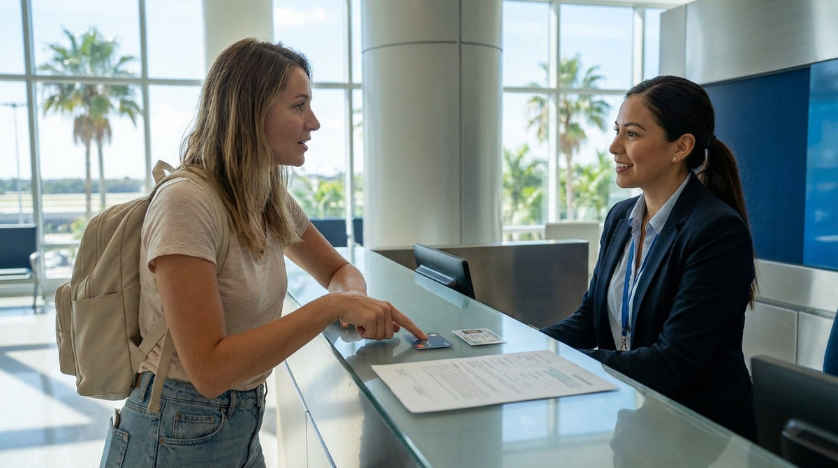 A customer at a car hire desk in Miami discusses their reservation details with an agent