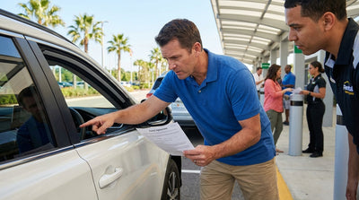 A driver's view of an illuminated odometer on a car rental dashboard at a pickup lot in Orlando