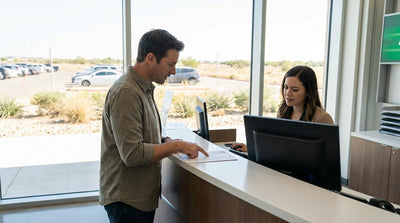 A driver refuels their car hire vehicle at a gas station under a big, sunny sky in Texas