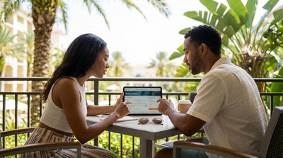 A white SUV car hire driving down a sunny, palm-tree-lined highway in Orlando