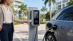 A white electric car hire plugged into a charging station on a sunny Miami street lined with palm trees