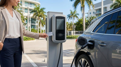 A white electric car hire plugged into a charging station on a sunny Miami street lined with palm trees