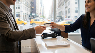 A customer hands a credit card to an agent at a car hire counter in a New York airport