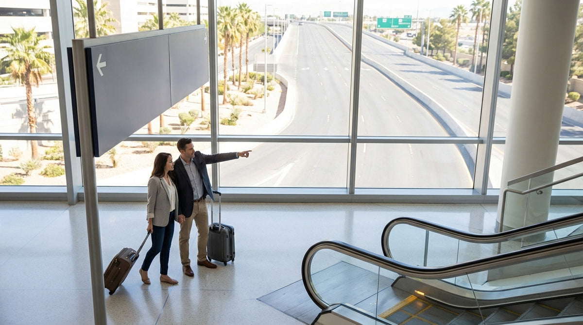 A blue and white shuttle bus for the car rental center waiting for passengers at the Las Vegas airport terminal