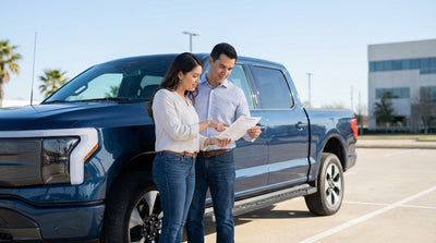 A modern car hire vehicle driving down an open road in the Texas Hill Country under a big blue sky