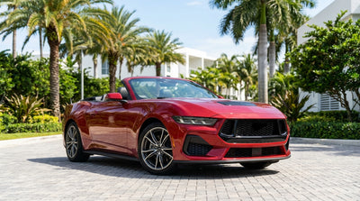 A stylish car rental convertible parked along a palm-lined street during a sunny day in Miami
