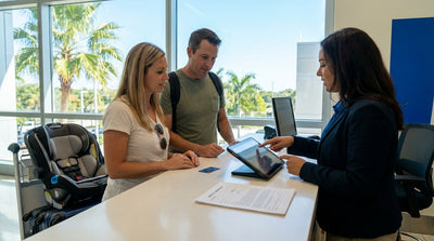 A family with a child packing their car hire for a road trip on a sunny day in Florida