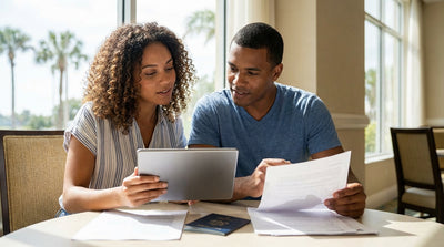A red convertible car hire driving down a scenic coastal highway in Florida with palm trees and the ocean