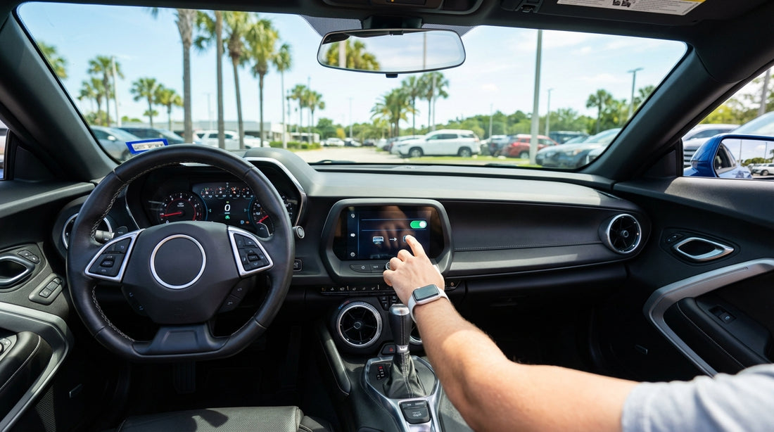 A driver adjusting the digital dashboard display of their car rental in Orlando to show miles per hour