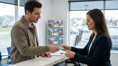 A modern car hire driving down a scenic, tree-lined road in the Pennsylvania countryside