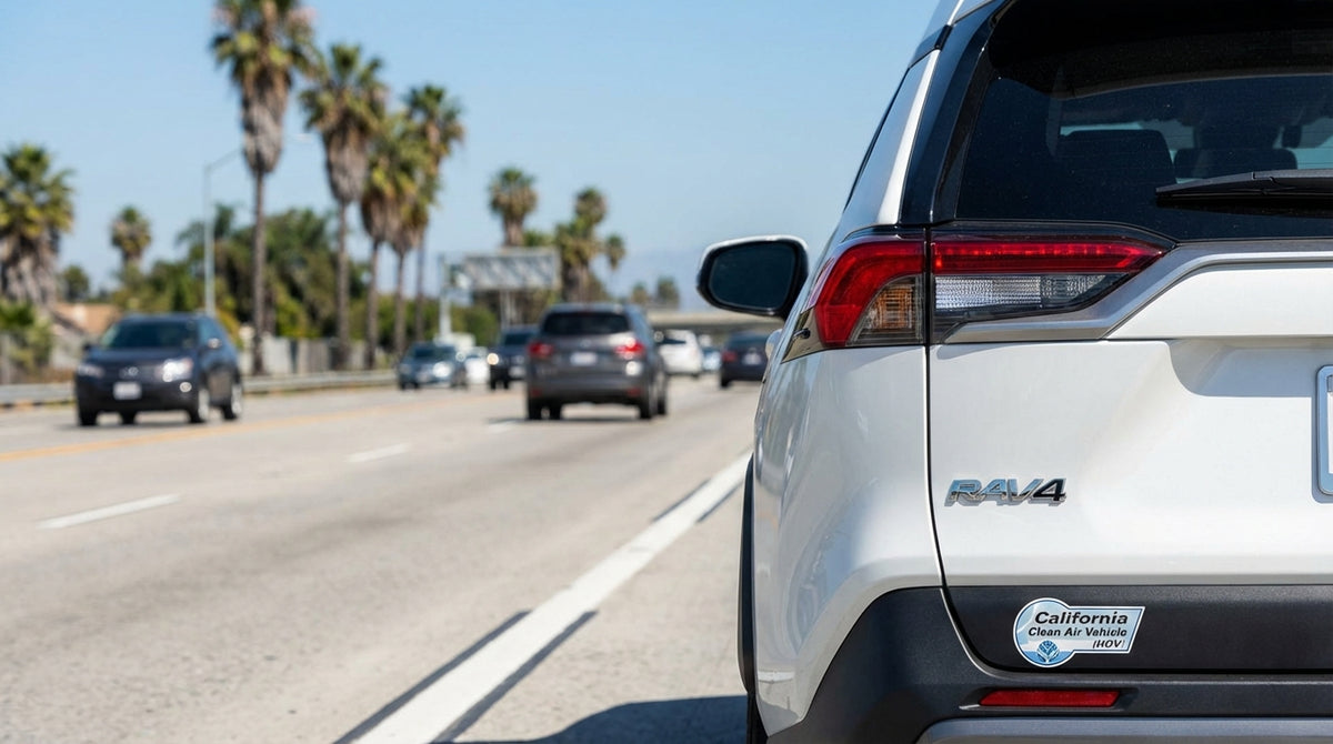 A modern car hire with one driver uses the HOV lane on a palm-tree-lined freeway in California