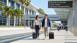 Passengers boarding a shuttle bus outside Terminal 1 in Las Vegas heading to the car rental center