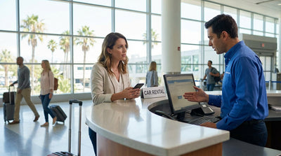 A traveler at an Orlando airport counter shows their car rental confirmation on a phone to an agent