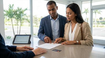 A person's hand holding keys for a car hire with a sunny Florida beach in the background