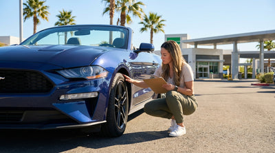 A person inspects a shiny blue sedan for their car hire at a sunny parking lot in Las Vegas