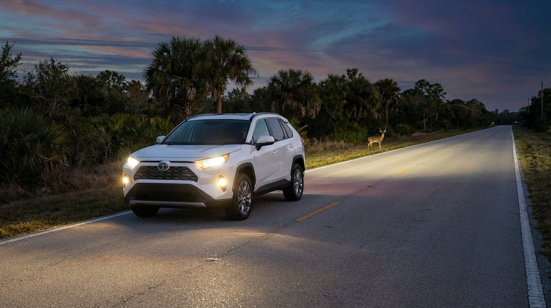 A car hire with headlights on drives down a rural Florida road surrounded by trees at dusk