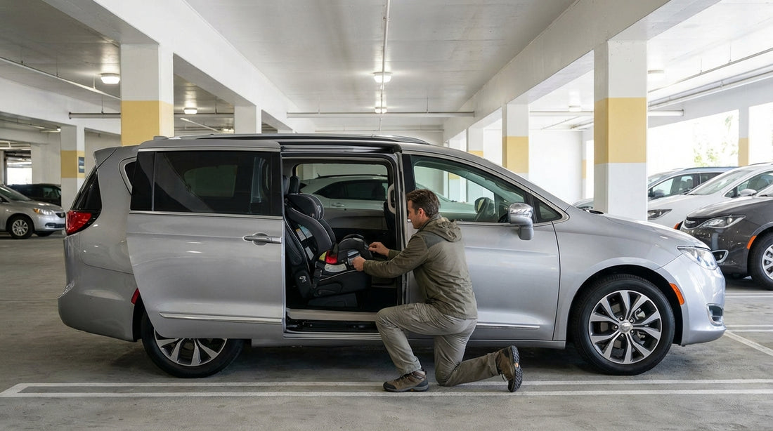 A parent fits a child safety seat into the back of their New York car rental vehicle at the airport