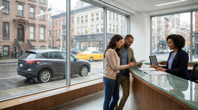 A car rental driving down a busy New York street with yellow cabs and skyscrapers