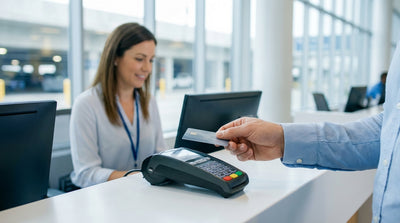 A customer hands their credit card to an agent to complete their car hire at a counter in the United States