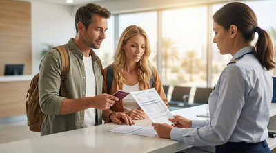 A red convertible car rental driving down the Las Vegas Strip at night with neon casino lights in the background