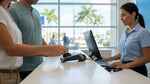 A customer hands a debit card to an agent at a car rental counter in a sunny Florida airport