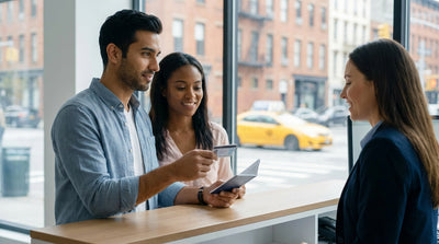 A driver's view from a car hire on a bustling New York street with yellow cabs and city skyscrapers