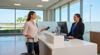 A traveler presents their passport to an agent at a car hire desk in the Orlando airport terminal