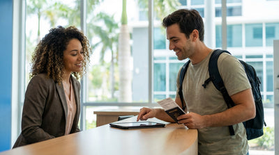A convertible car rental driving down a sunny street in Miami lined with palm trees and Art Deco buildings