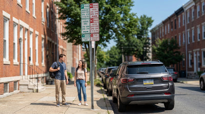 A car rental parked on a residential street in Philadelphia, Pennsylvania, near a complex parking permit sign