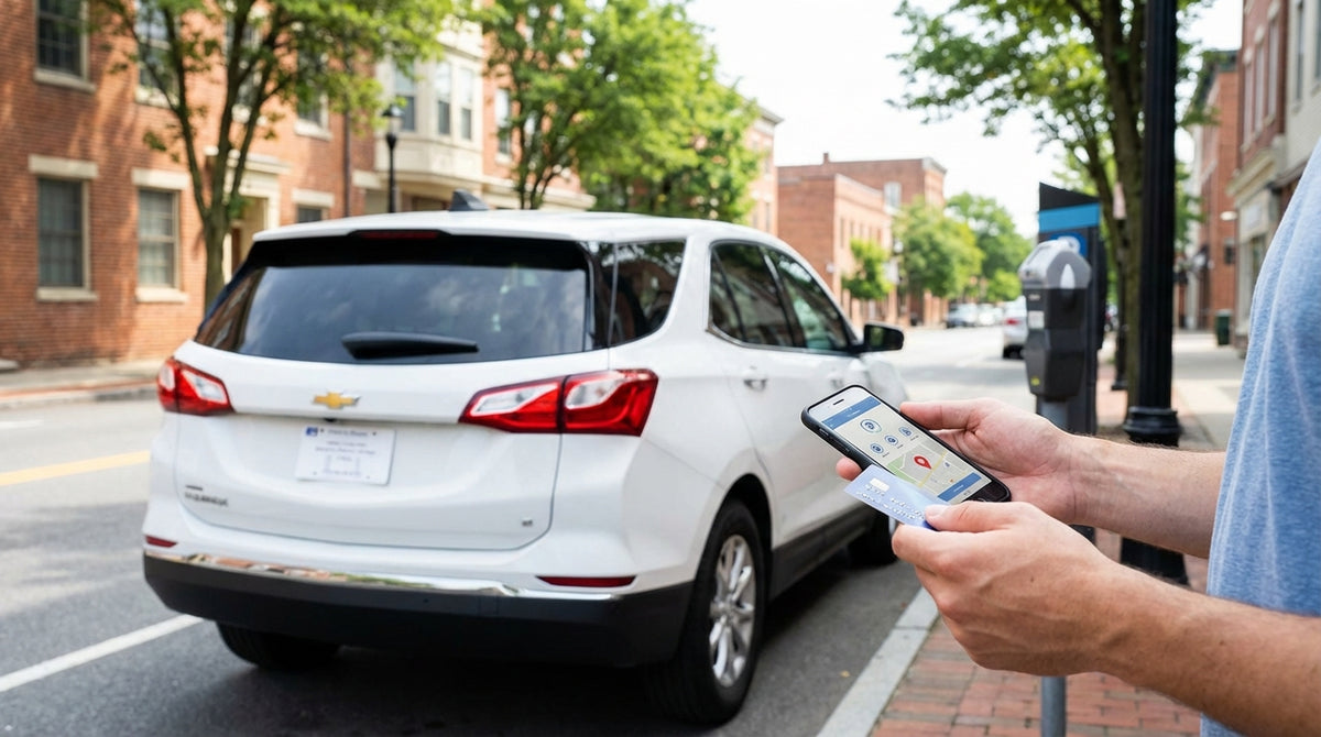 A car rental with a temporary paper license plate parked on a city street in Pennsylvania by a parking meter