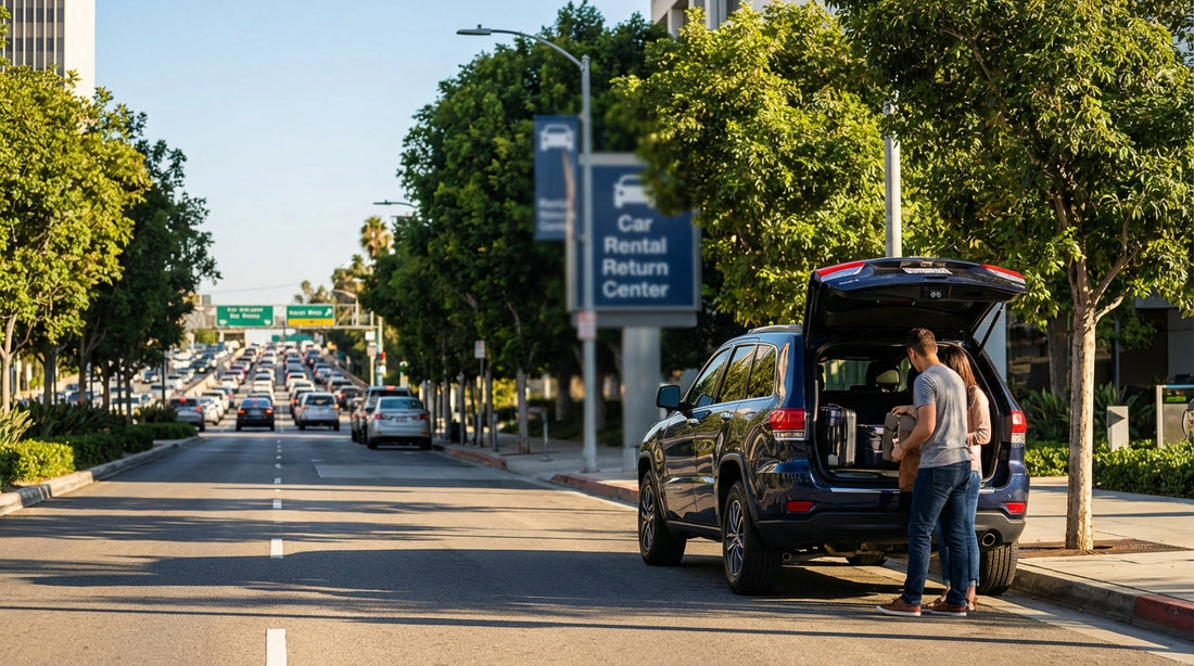 A car hire drives in heavy traffic on a sunny Los Angeles freeway with palm trees lining the road