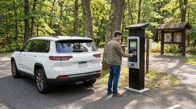 A silver car rental parked at a scenic overlook with fall foliage in a beautiful New York state park