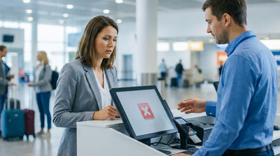 A person at a Florida car rental counter hands over a credit card to an agent for the security deposit