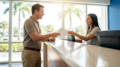 A red convertible car rental driving past palm trees under a sunny blue sky in Florida