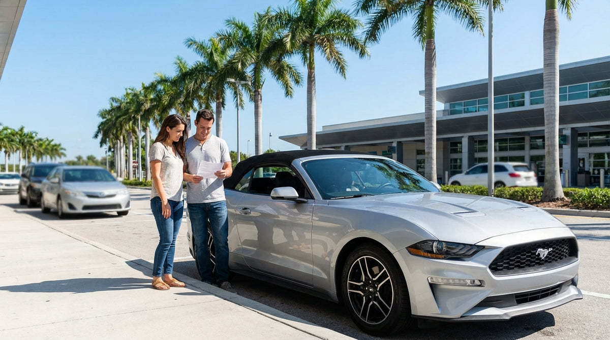 A silver car rental driving along a sunny, palm-lined coastal road in Florida