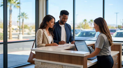 A sports car rental driving down the famous Las Vegas Strip at night, surrounded by bright casino lights