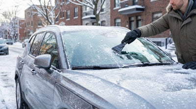 A person scraping ice off a car hire windshield on a snowy street in New York City